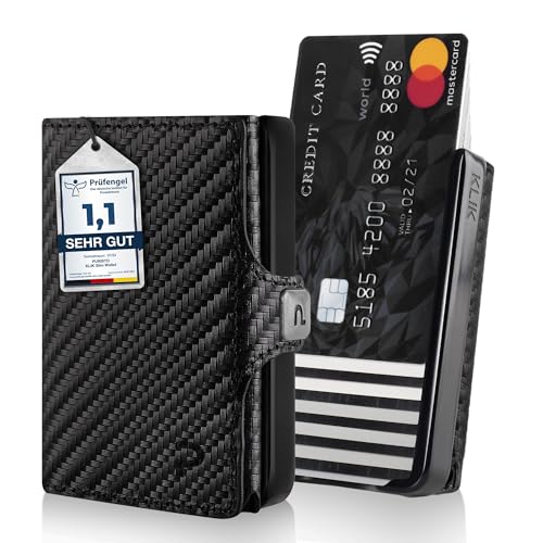 Puristo Klik Minimal Slim Wallet Mit Münzfach - Mini Geldbeutel Und Kreditkartenetui Für Herren Aus Echtleder - Kleines Portemonnaie Mit Rfid Schutz Für 10-12 Karten - Carbon