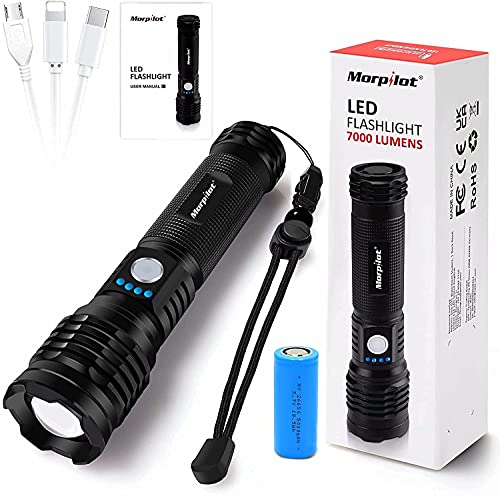 morpilot Rechargeable LED Flashlight, High Lumens, Zoomable, 5 Modes, IPX4, LED Flashlight with 26650 Battery, Waterproof Tactical Handheld Flashlight for Emergencies or Hiking (1 PCS)