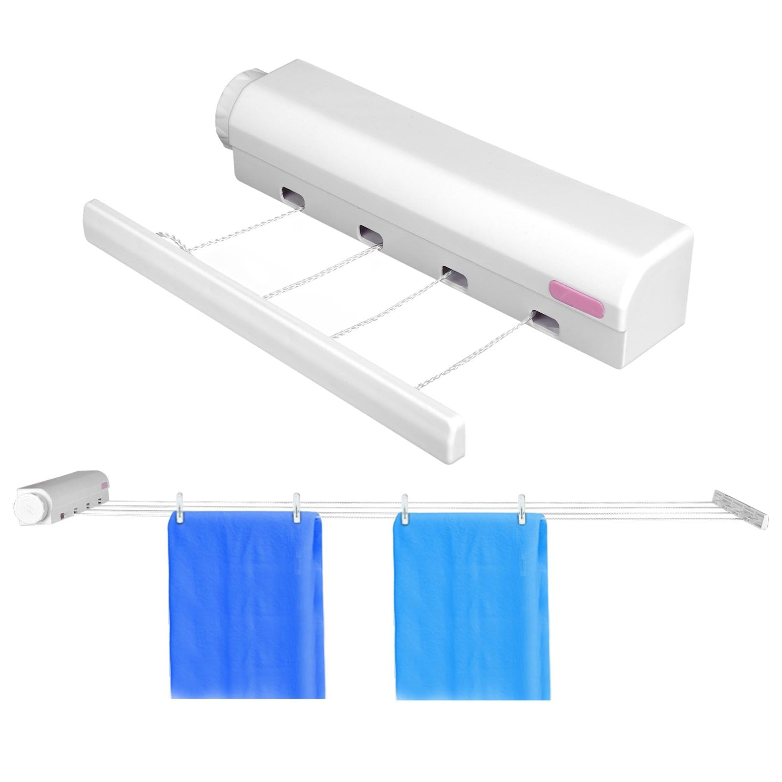 Nikou Retractable Clothesline Drying Rack, 4 Line Pull Out Airer Clothesline Washing Line Extendable Wall Mounted Drying Rack Clothe Airer Garden Drying Rope for Indoor Outdoor Terraces Balconies