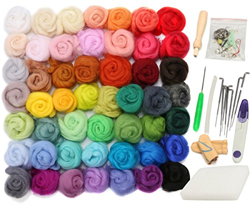 Jeteven 50 Colors Felting Wool Merino Fibre Roving Wool for Needle Felting with 1 Set Needle Felting Starter Kit Wool Felt Tool