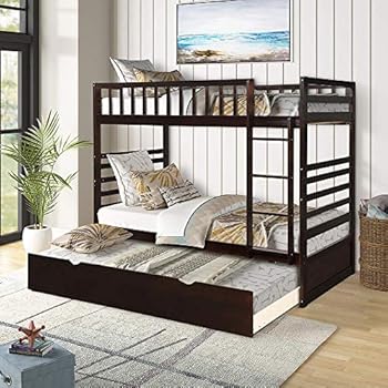 Bunk Beds for Kids, Twin Over Twin Bed with Trundle, Wooden Twin Bed with Safety Rail Ladder, Teens Bedroom Bed, Guest Room Furniture (Brown)