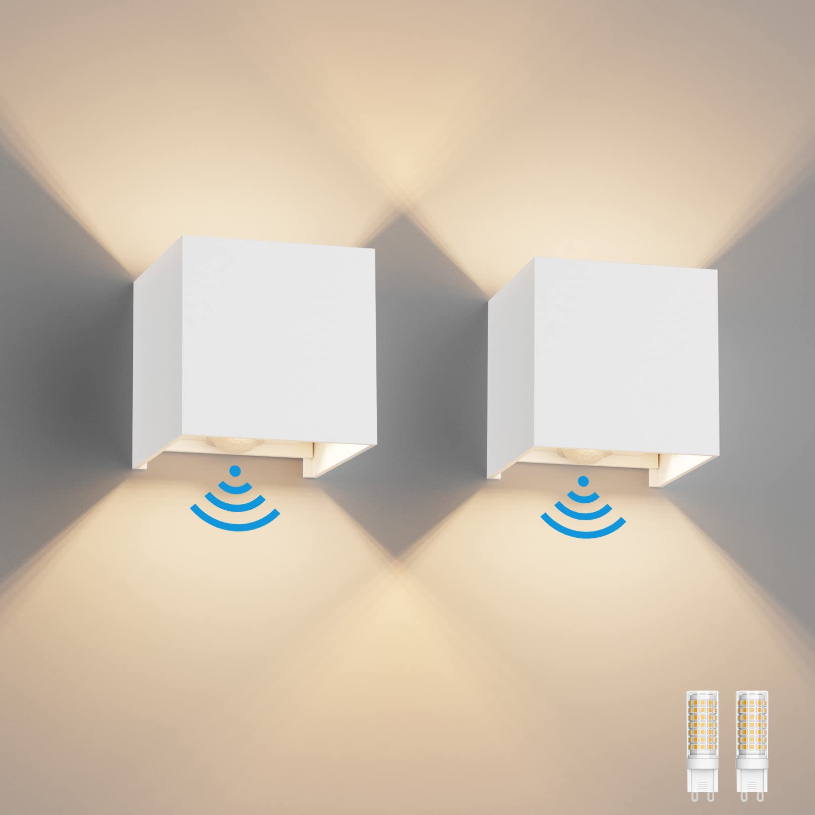 Klighten 2PCS Outdoor Wall Light with Motion Sensor, Waterproof IP54 Outside Wall Lamps with Sensor, Adjustable Beam Angle, Warm White 3000K, White (G9 LED Bulb Include) — image 1