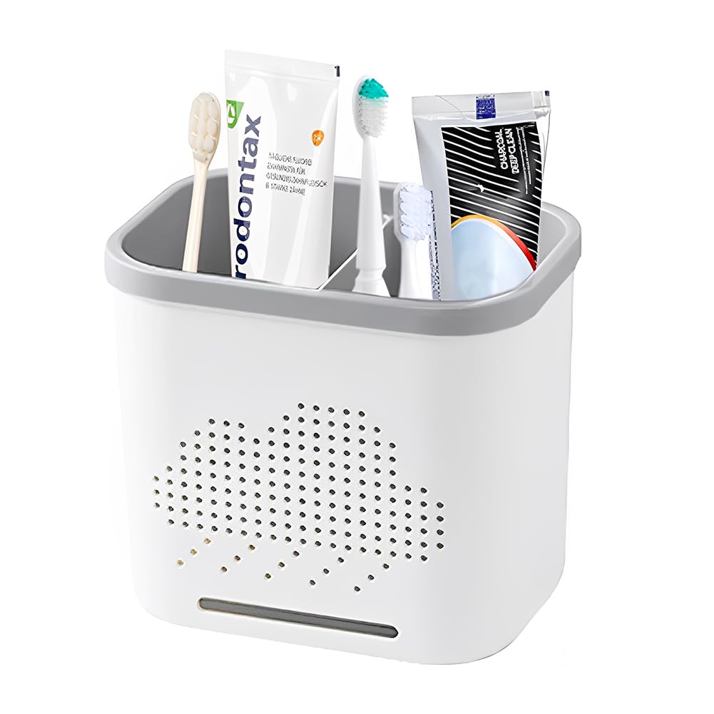 Photo 1 of 2 Slots Toothbrush Holder and Toothpaste Holder with Drain Hole, Detachable Easy Cleaning Multi-Functional Organizer Caddy Storage for Bathroom Vanity Sink Kitchen (White+Gray 2 compartments)