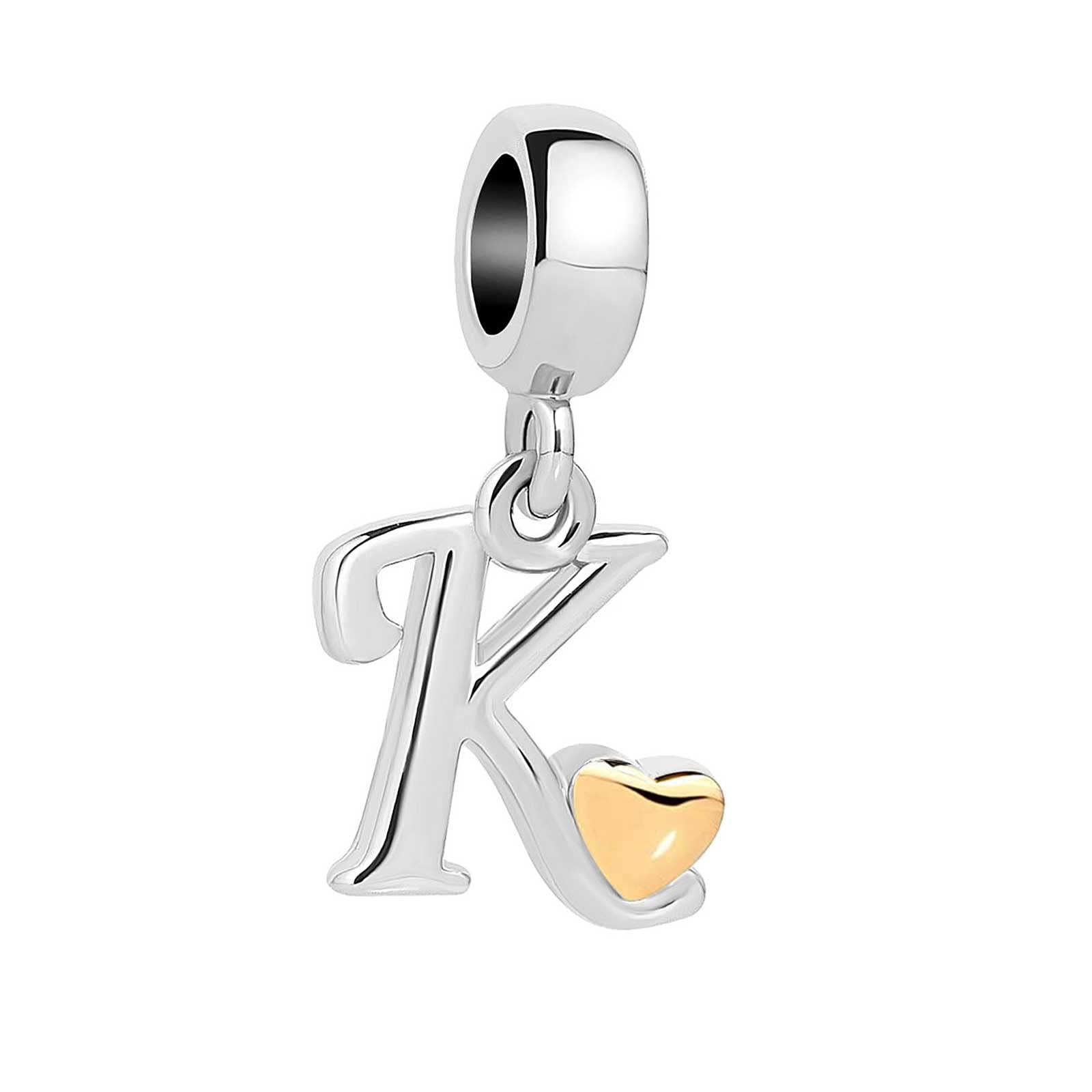 KunBead Jewelry Letter K Initial Alphabet Gold Tone Heart Love Birthday Dangle Charms Compatible with Pandora Bracelets Necklaces for Women Girls