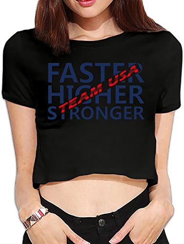 Girl's Team Usa Faster Higher Stronger Round Collar Short Sleeve Crop Tops Black Medium