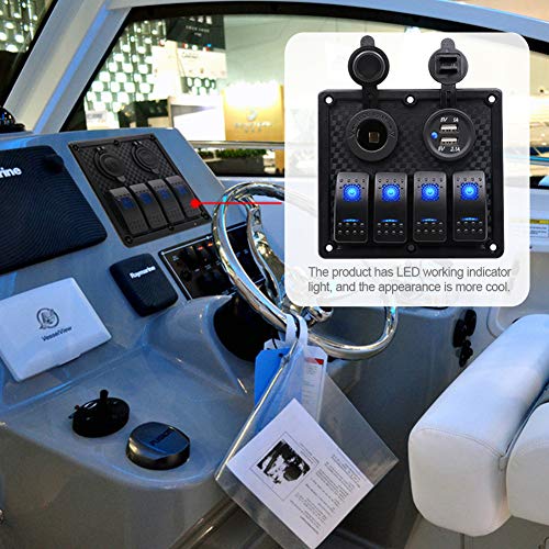 WUPP Boat Rocker Switch Panel Waterproof 4 Gang ON Off Electrical Switches with 3.1A Double USB Power Charger 12V Cigarette Lighter Socket for Marine Car RV Truck Jeep
