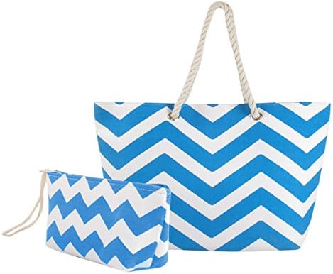 Eshma Mardini Striped Canvas Chevron Shoulder Beach Tote Bag with Pouch - Sky Blue