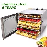 Food Dehydrator Machine, 12 Hours Timer and Temperature Control, Stainless Steel 6 Trays, Super Capacity for Jerky/Meat/Beef/Fruit/Vegetable(95º F-167º F), Back Drying System, 600w