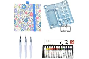 MUZMDNI Mini Portable Watercolor Palette Set-Grid Paint Box with Binder Clips Include 24 Colors Paint - Brush*3 and Picture Album Art Materials Coloring Markers (Blue Acrylic-S)