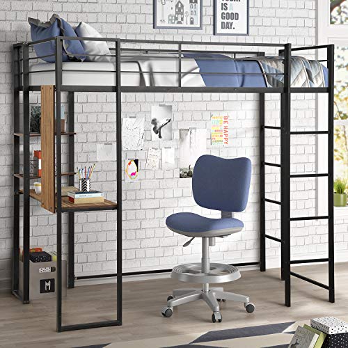 Metal Twin Loft Bed with Desk, WeYoung Space-Saving High Loft Bed with 2 Shelves Build-in 2 Ladders for Teens Bedroom Black