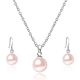 LYNNON Pearl Pendant Necklace & Earrings Set for Women,Classic Pearl Jewelry Set for Brides and Wedding,12MM Pendant Necklace and 10MM Earrings Great Gifts for Birthdays Valentine's Day