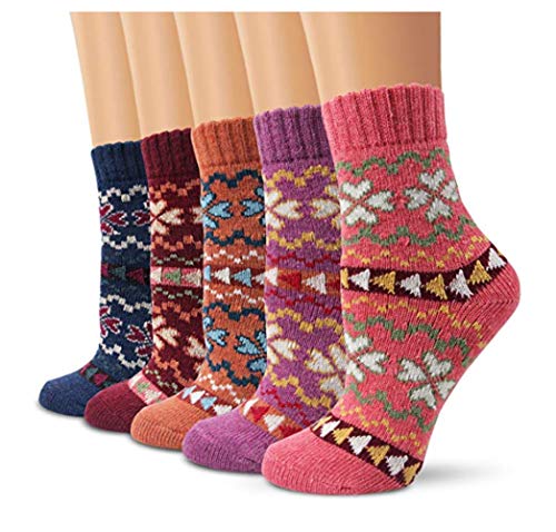 OTTATAT Popular Trendy Women's Socks,5 Pairs Vintage Style Knit Wool Casual Sport Sock Cashmere Thickening Soft Warm Floor Socks Slim Comfort Plaid Stripe Patchwork Pattern Daily Wears Collocation