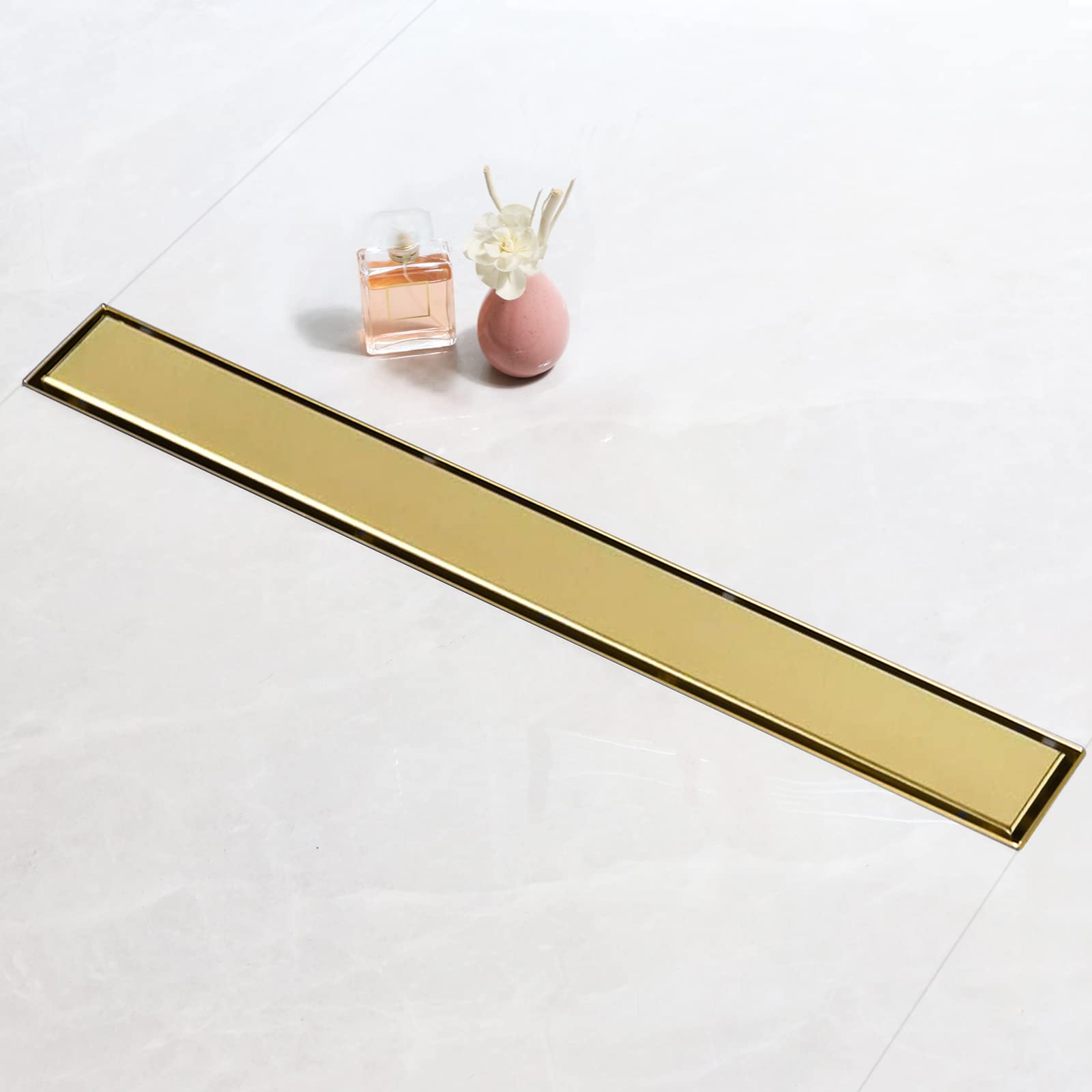 SaniteModar 30 cm Gold Linear Shower Drain, 2-in-1 Tile Insert Panel Shower Drain with Siphon, Brushed 304 Stainless Steel Linear Drain with Leveling Feet