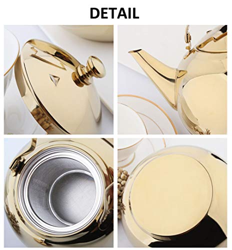 OMGard Gold Tea Pot with Infuser Loose Tea Leaf Filter 2 Liter Stainless Steel Teapot Coffee Water Small Kettle Strainer Set Warmer Teakettle for Stovetop Induction Stove Top 2.1 Quart / 68 Ounce - Thumbnail 3