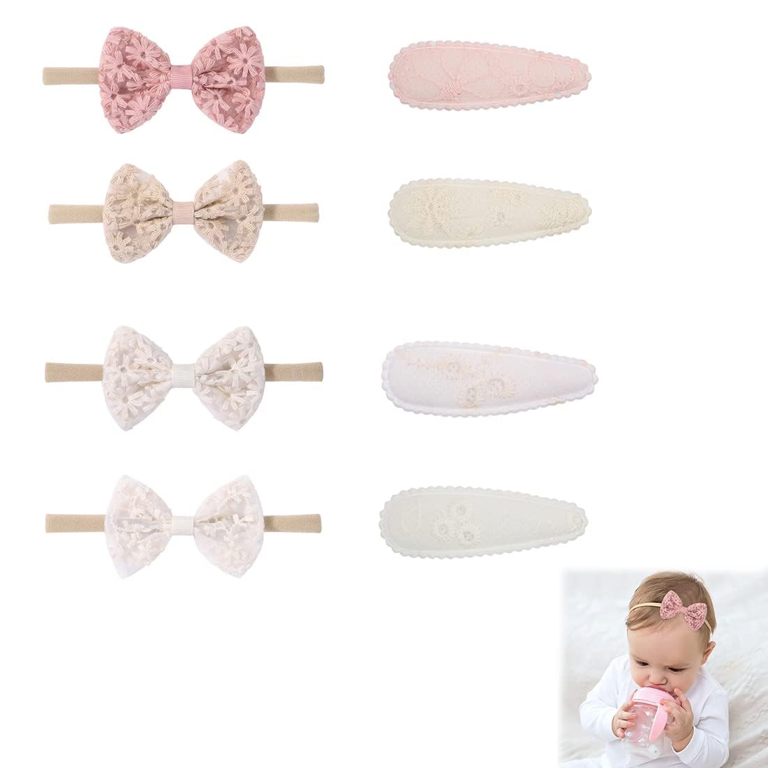 ZKSXOA 8 Pcs Baby Girl Bow Headbands & Clips Set, Flowers Patterns, Mini Barrettes, Elastics Bands, Accessories for Infant Kids