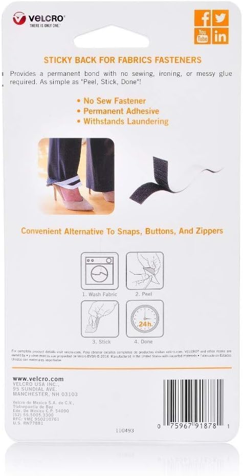VELCRO Brand Sticky Back for Fabrics | 24" x 3/4" Tape with Adhesive | No Sewing Needed | Cut Strips to Length Permanent Bond to Clothing for Hemming and Closures
