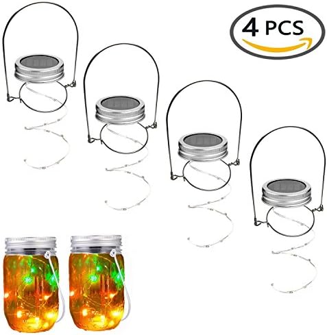 Merryjump 4 Waterproof Mason Jar String Light Lids &amp; 4 Stainless Steel Wire Handles,Multicolor Solar Lights, for a regular mouth Mason Jar Decor,Patio Garden Path Lights (Jar Not Included)