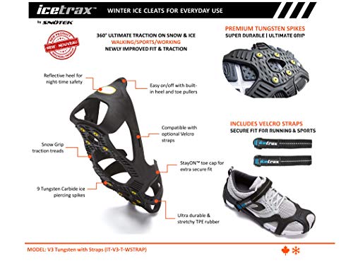 ICETRAX Pro Winter Ice Grips for Shoes and Boots - Ice Cleats for Snow and Ice, StayON Toe, Reflective Heel (V3 Tungsten with Straps, L/XL (Men: 9.5-13 / Women: 11+))