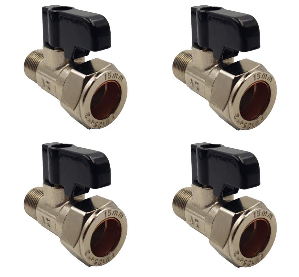 Aumix 15mm x 12mm Isolating Valve with Handle UK Compression Fittings Adaptor EN1254-2 for Kitchen Bathroom Mixer Taps with 3/8" Tails - 4 Pieces