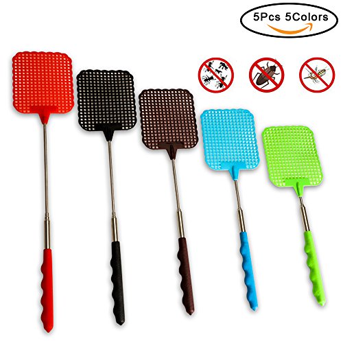 VIPITH 5 pack Extendable Fly Swatters, Durable Telescopic Mosquito Zapper Bug Killer with Plastic Surface Long handle and Anti Slip Grip (Red Blue Green Black Brown)