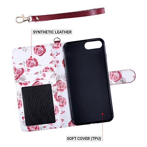 ULAK iPhone 8 Plus Case, iPhone 7 Plus Wallet Case,Floral PU Leather Wallet Case with Kickstand Card Holder ID Slot and Hand Strap Shockproof Rubber Cover for iPhone 7 Plus/8 Plus,Burgundy