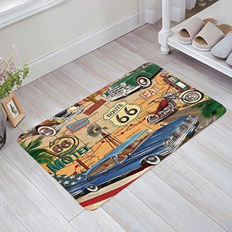 Amazon アンティークカーアクセントマット滑り止めラバーエントランスマットラグ シューズスクレーパー屋内 バスルーム キッチン 寝室古いクラシックカーテーマアメリカヴィンテージルート66ダイナーオートバイ 80x50cm ラグ カーペット オンライン通販