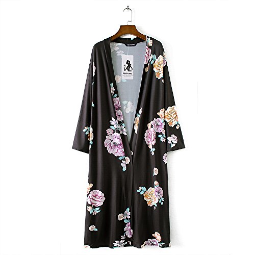 HTDBKDBK Womens Bohemia Causal Loose Flower Print Cardigan Long Kimono Oversized Shawl Deep-V Blouse Beachwear Black