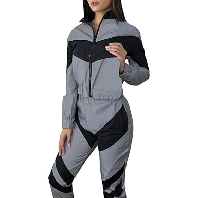 hiboteTute Donna Set da 2 Pezzi Pantaloni con Cappuccio Riflettente con Cerniera Riflettente Moda Giacca Allentata Cappotto Pantaloni Set di Tute di Giunzione