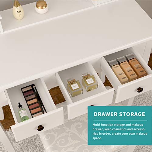 Mecor Vanity Table Oval Mirror,Makeup Vanity Set Cushioned Stool Wood