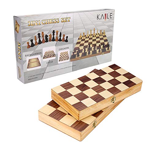 image for KAILE 3-in-1 Wooden Chess Set & Checkers & Backgammon Set Folding Carr
