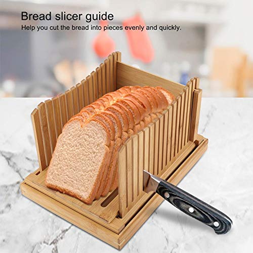 Bread Slicer Cutting Guide, Premium Bamboo Foldable Bread Cutter Bagels/Loaf Cakes/Sandwich Slicer with Crumb Catching Tray for Home and Commercial