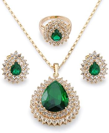 Rellecona Yellow Gold Plated Noble Emerald Teardrop Bridal Necklace, Ring and Stud Earring Set