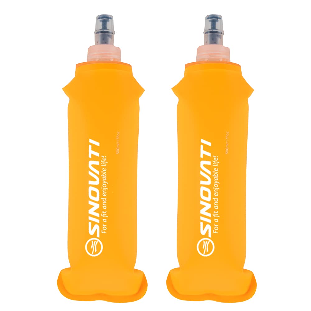 SINOVATI TPU Foldable Water Bottles, Soft Flask, Water Bottle, BPA-Free Sports Bottle for Hydration Backpack, Bicycle, Hiking, Jogging, Trekking, Camping and Climbing (Orange, 500ml x 2)