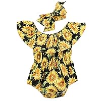 Newborn Baby Girls Sunflower Romper Off Shoulder Bodysuit Jumpsuit Sunsuit Outfits Set Clothes (Black, 0-6 Months)