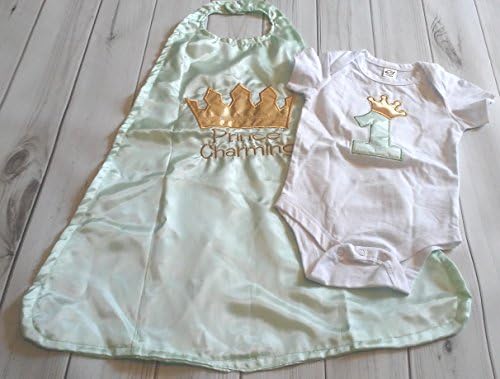 2 piece 1st Birthday Prince Charming baby boy birthday set outfit Smash cake photo prop MINT GREEN gold crown onesie cape READY TO SHIP