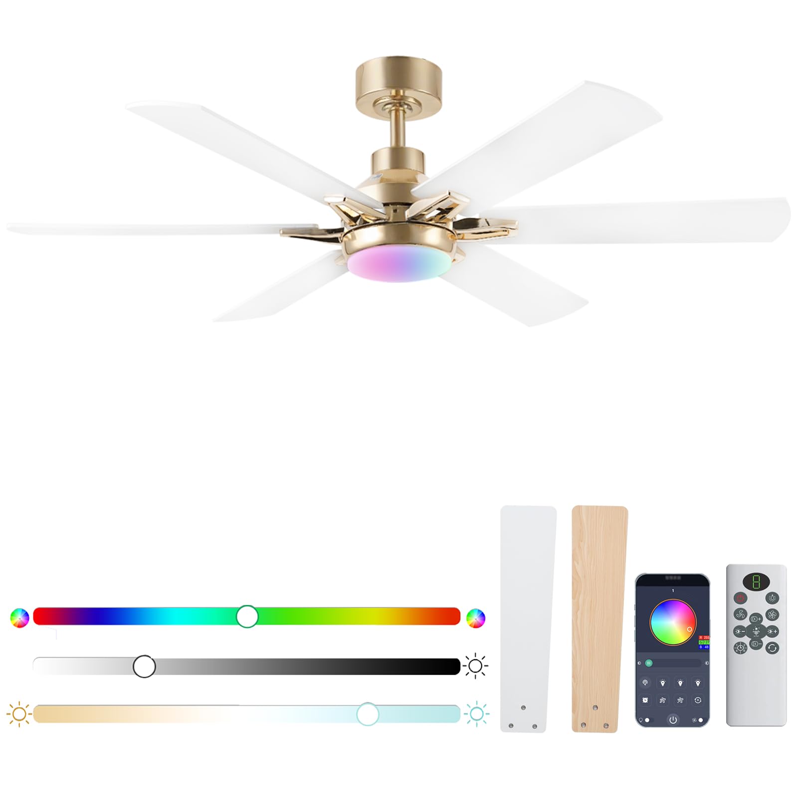 Photo 1 of 52in Ceiling Fans with Lights RGB Ceiling Fan with Light and Remote/APP Control,Low Profile Ceiling Fans with Lights for Bedroom,Living Room,Kids Room,3CCT Dimmable Modern Ceiling Fan, 8 Speeds,White