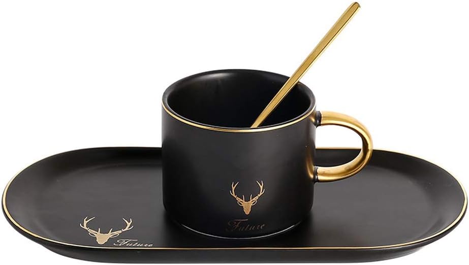 YCDR European style light colorful glaze ceramic coffee cup set afternoon tea cup saucer household mug gold rim tray with spoon (Black)