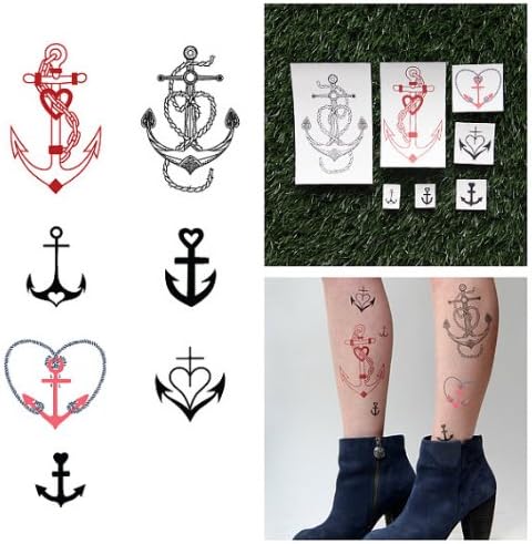 Tattify Heart Anchor Temporary Tattoos - Sea Legs (Set of 12 Tattoos - 2 of each Style) - Individual Styles Available - Fashionable Temporary Tattoos
