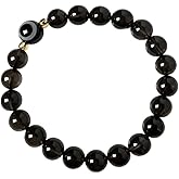 Evil Eye Dzi Bead Bracelet, 8mm Agate & Obsidian Elastic Bracelet, Black Stone Protection Bracelet for Men and Women