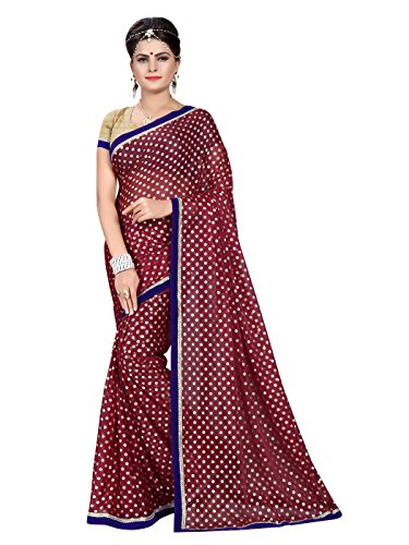 Shonaya Women's Printed Lycra Maroon Designer Saree With Unstitched Blouse Piece