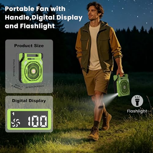 Astarama Solar Camping Fan with 2 Solar Panels,20000mAh Rechargeable Battery,LED Light,Shaking Head,Digital Display,Flashlight,Timer,4 Speeds. Portable Fan for Travel Outdoor Camping Gadgets (Green)