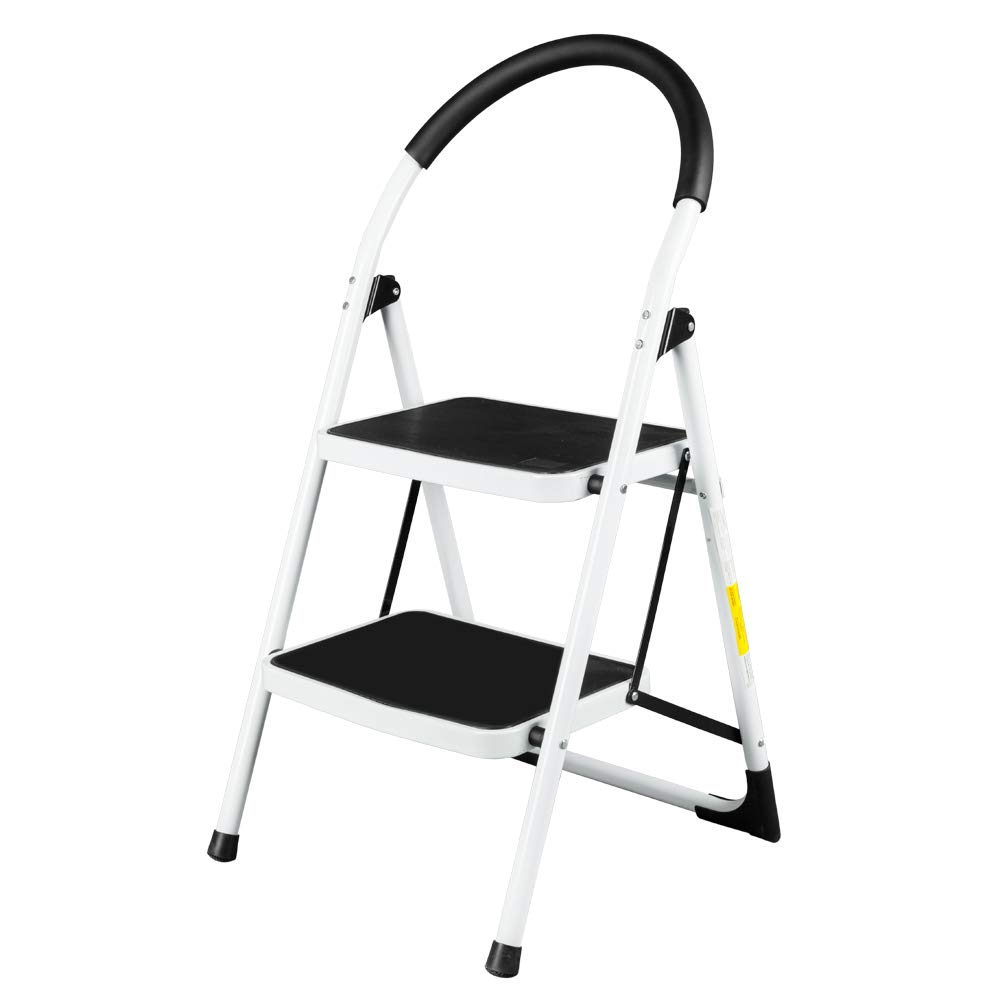 2-Step Folding Stool Heavy Duty Industrial Lightweight Iron Stool Sturdy Steel Ladder with Hand Grip Anti-Slip Pedal 330Lbs Capacity [US Stock] (White & Black - 2 Steps)