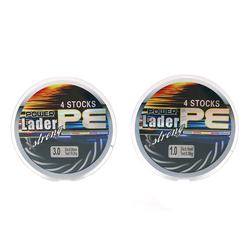 Set of 2 ZONADAH Size 1.0 18lbs and Size 3.0 40lbs Braided fishing lines, Mixed Colors total 200m/220yds 4 Strands Weaves Super Smooth PE Braided Lines