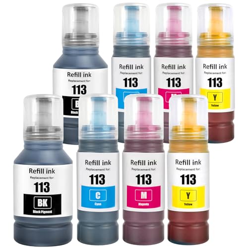 113 Pigment Ink Compatible with Epson 113 Ink Bottle Multipack for ET-5150 ET-5170 ET-5850 ET-5800 ET-16600 ET-16150 ET-16650 ET-15000 ET-5100 ET-5160 ET-5160 5880 (8 Pack 2BK/2C/2M/2Y)