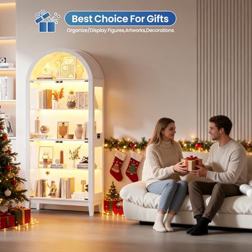 Arched 5-Tier Display Cabinet with RGB Lighting & Motion Sensor, 175 cm Tall Glass DIsplay Case with Doors for Living Room, Bedroom, Home Office, Displaying Books and Decor, White
