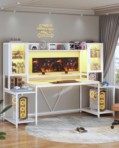 Escritorio gamer 190cm, escritorio para computadora con soporte para monitor, mesa para juegos con luces LED, mesa para PC con cajón y estantes de almacenamiento para dormitorio y sala de estar Blanco