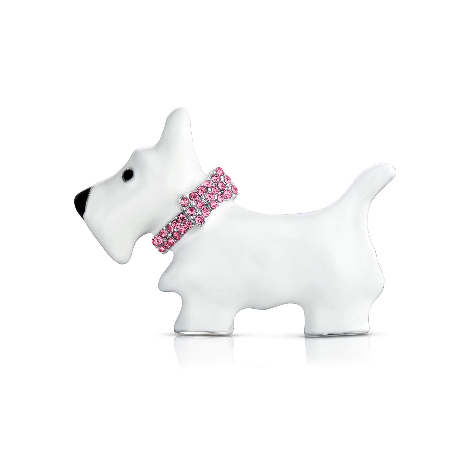 Large Statement White Westie Scottie Terri Dog Pet Animal Scarf Brooch Pin For Women Teen Pink Crystal Collar Silver Tone Rhodium Plated 1.3 Inch