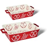 Domini Casserole Dishes for Oven, Ceramic Baking Dishes for Oven Set of 2, Lasagna Pan Deep, Baking Pan Set Square Casserole Dish Set with Handles for Baking, Pattern Red(11.4+8.5inch) Christmas