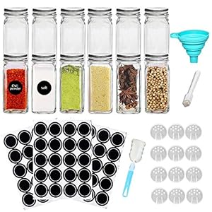 MECKILY Set van 12 kruidenpotjes, vierkante glazen potjes, inhoud 120 ml, 10,5 x 4,3 cm, luchtdichte dop, bord en…