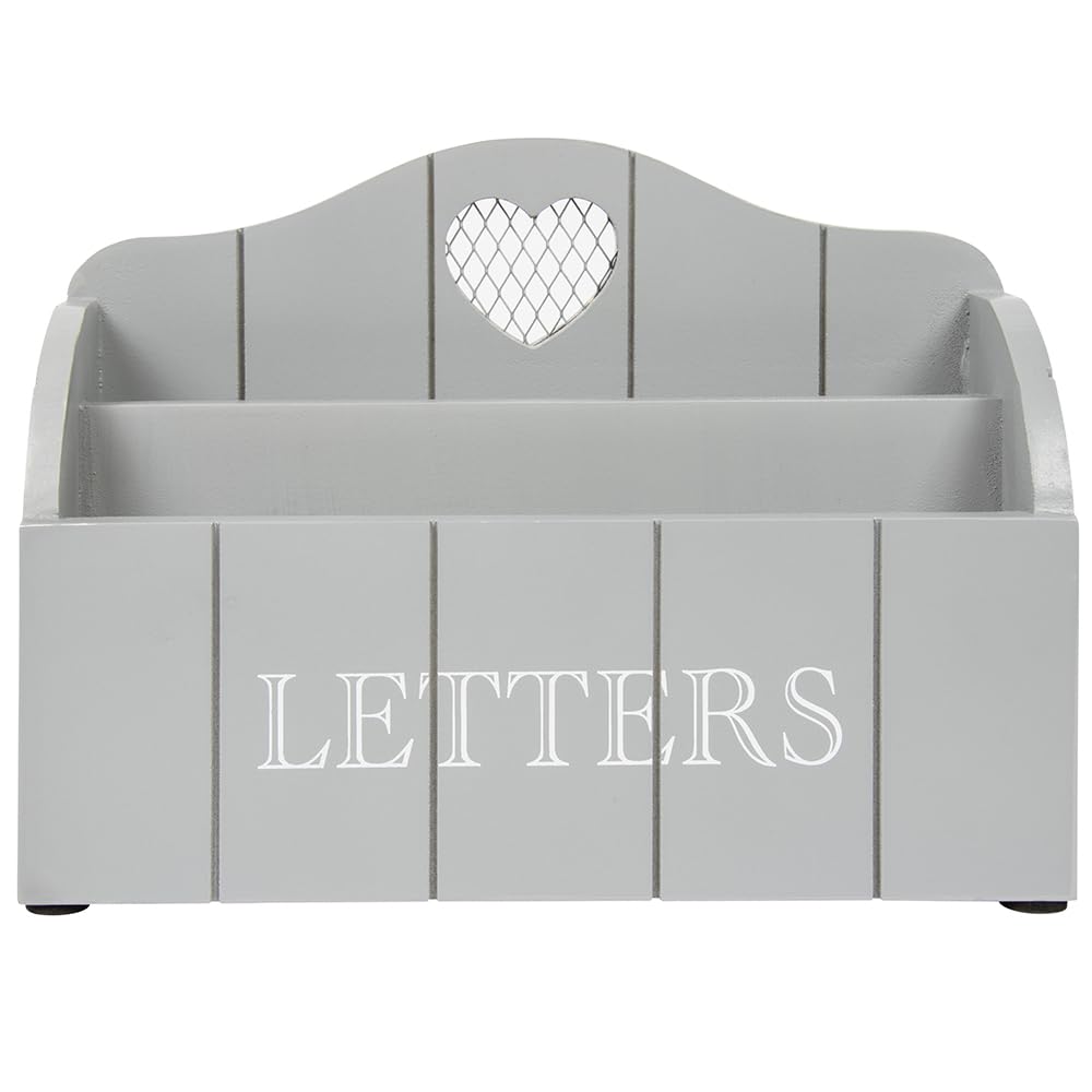Grey Letter Rack With Contrasting White Letters Wording and Cutout Heart Detail, Twin Compartment Decorative Mail Organiser (Grey)